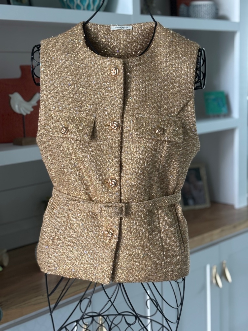 Sunday Up Gold Tweed Belted Vest Sz L